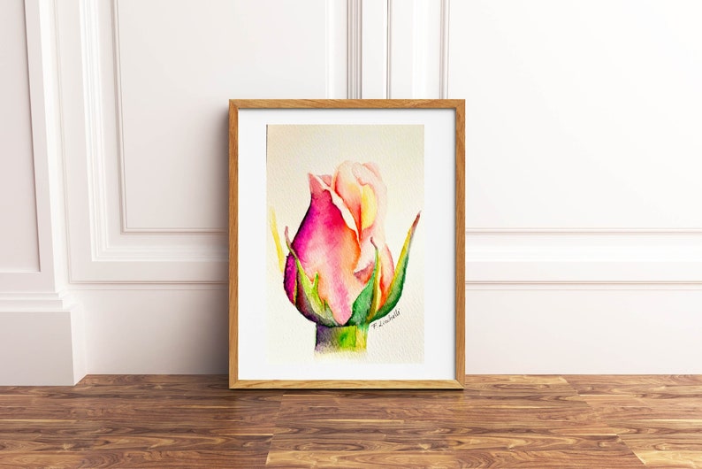 Rosebud watercolor original tiny painting, floral watercolor botanic style, pink orange rose Christmas gift, bedroom decoration peach pink. image 10