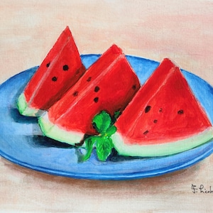 Dipinto acrilico originale Fette di anguria 25,5x17,7 cm Natura morta di frutta su carta Pezzo unico Arte estiva da cucina Arte murale a forma di anguria