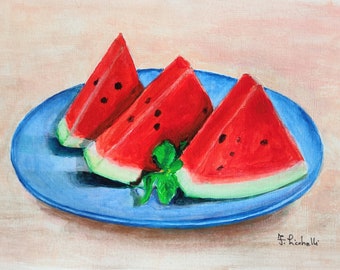 Watermelon painting watermelon slices acrylic paitning original still life acrylic illustration summer fruit painting kitchen painting 10x7