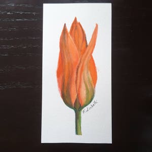 Marque-page bourgeon de fleur orange aquarelle originale peinture murale florale art botanique petit cadeau amoureux de la nature Mini oeuvre peinte à la main tulipe