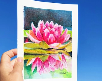 Lotus painting watercolor floral artwork original bedroom wall art lotus flower painting tiny watercolor single lotus on water art bedroom.