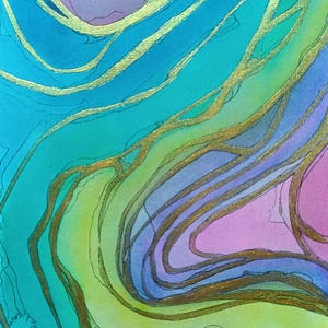 Dipinto astratto con tecnica mista, opera d'arte originale, colorata e vibrante, linee dorate, arte moderna su carta, turchese, rosa, verde, design unico 25 x 18 cm