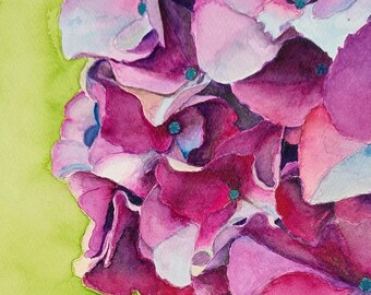Pintura original en acuarela de hortensias moradas, arte floral para pared, decoración de primavera para dormitorio.