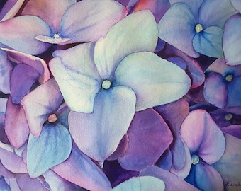 Peinture originale aquarelle violet hortensia, art mural floral décoration chambre à coucher, peinture fleurs violettes, art aquarelle contemporain.