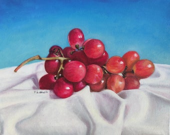 Dipinto uva rossa olio originale su tela 30x24 cm dipinto natura morta uva su tovaglia dipinto autunnale olio su tela dipinto a olio autunnale.