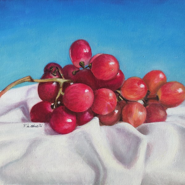 Raisins rouges peinture originale huile sur toile 30x24 cm nature morte peinture raisins sur nappe peinture automne toile peinture à l'huile automne.