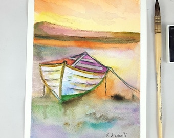 Seascape with boat on sunset, nautical watercolor art living room decor art for Valentine gift beach house decoration ship painting wall art