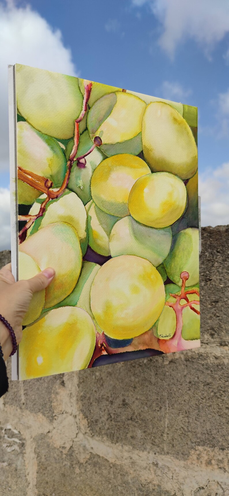 Aquarelle originale de raisins, peinture de raisins jaunes, peinture de raisins verts, oeuvre d'art murale pour la cuisine, peinture de fruits, aquarelle image 9