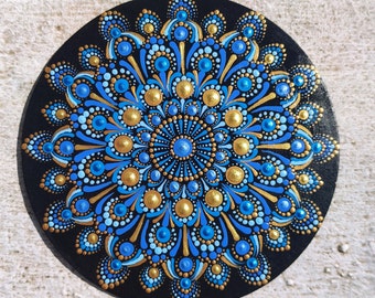 Dot mandala hand painted mandala round blue and glod mandala dot mandala original mandala sacred geometry mandala 17 mandala life in detail