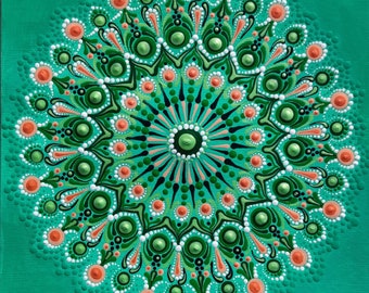 Punto mandala quadrato mandala dipinto a mano punto mandala mandala originale geometria sacra mandala verde mandala da 7 pollici pittura artistica da parete su carta