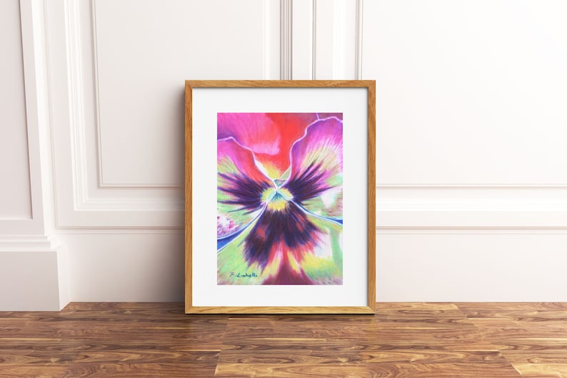Pansy pastel drawing original painting soft pastels on velvet paper floral artwork macro pansy purple and red bedroom drawing pansy art.