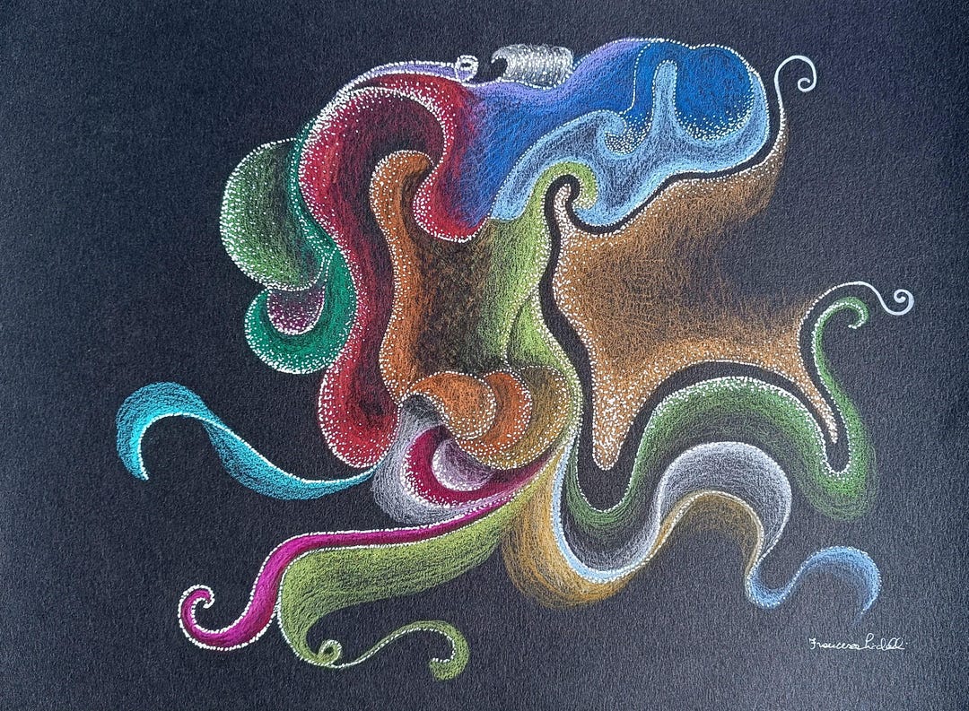Abstract Drawing Colored Pencil and White Acrylic Pen on Black Paper ...