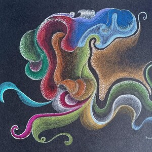 Disegno astratto originale su carta nera, matita colorata e penna acrilica, arte unica, mandala fluido di Francesca Licchelli, disegno astratto colorato