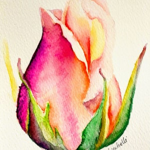 Rosebud watercolor original tiny painting, floral watercolor botanic style, pink orange rose Christmas gift, bedroom decoration peach pink. image 3