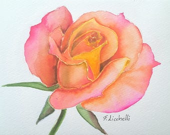 Orange rose watercolor original painting, orange tiny painting bedroom decoration, botanical watercolor painting, rose wall art, bedroom art