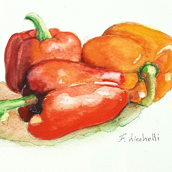 Aquarelle de poivrons rouges, nature morte originale, art mural pour décoration de cuisine, petite peinture pour mur de restaurant, décoration de taverne.