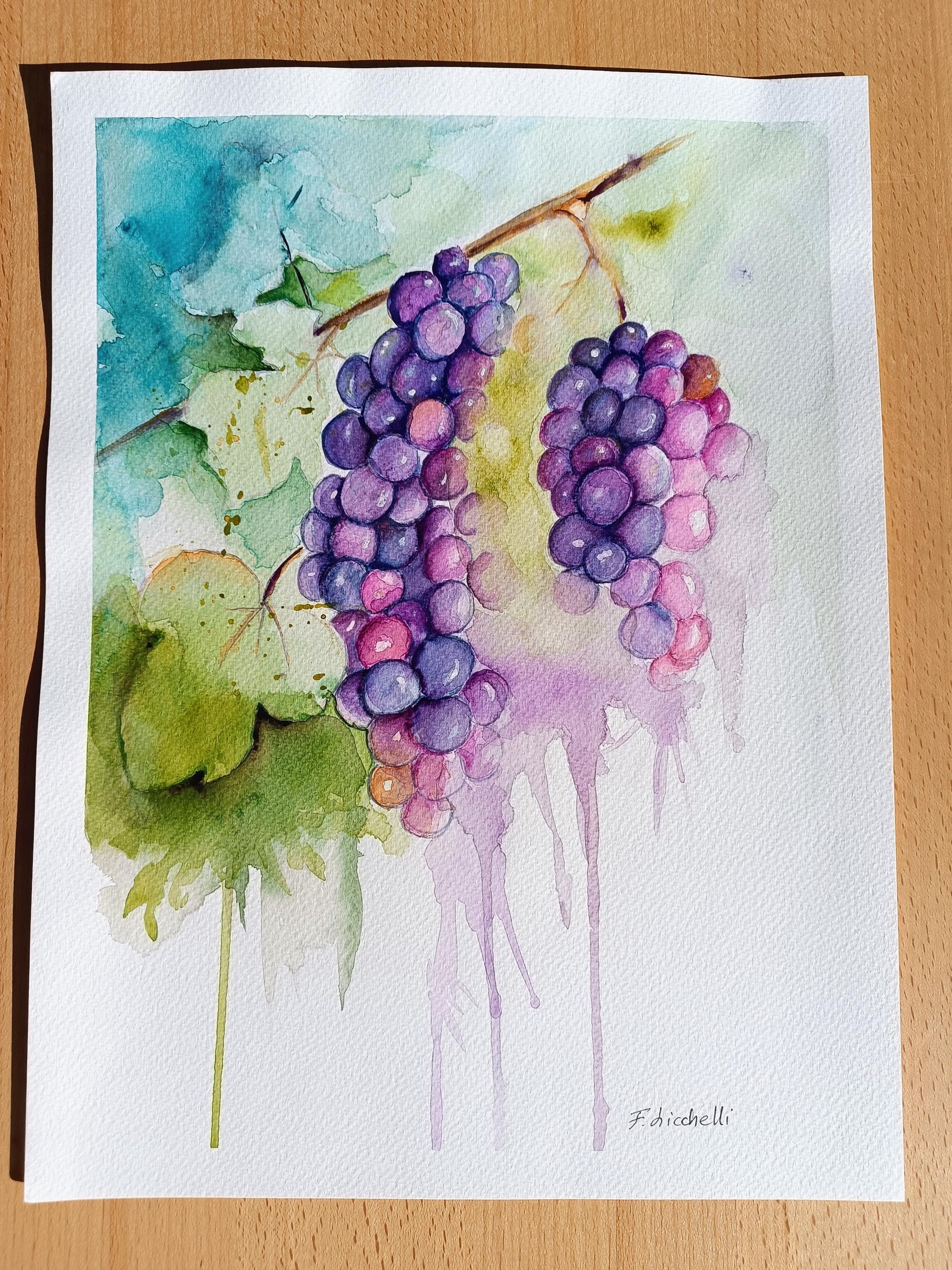 作者不詳　美しい水彩画 ブドウが瑞々しく描かれています。シンガポールで購入 🍇透明水彩画「瑞々しい葡萄」イラストポストカード2枚セット