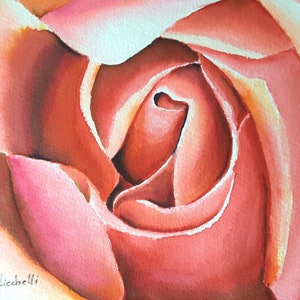 Dipinto ad acquerello di rose, primo piano, arte floreale originale su carta di cotone 18x12,5 cm, Francesca Licchelli, rosa astratta, macro, arte della rosa, camera da letto