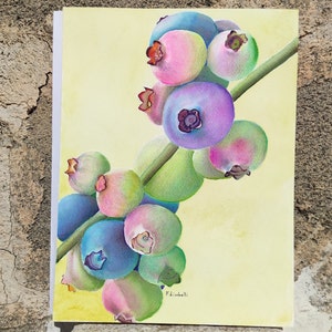 Acquerello originale di mirtilli su ramo, arte murale botanica, carta 100% cotone, pezzo unico, arte murale con bacche, mirtilli, acquerello
