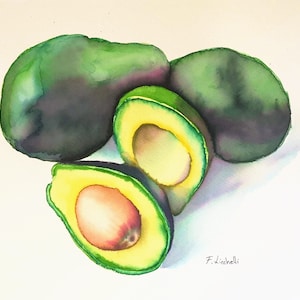 Original Avocado Watercolor, 9x12 Still Life Painting, Modern Kitchen Wall Art, Signed Fruit Artwork on Cotton Paper