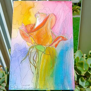 Dipinto originale di rose colorate, tecnica mista, acquerello e inchiostro su carta, arte murale botanica, OOAK, regalo per gli amanti dei fiori, arte floreale astratta