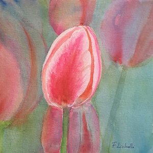 Dipinto ad acquerello di tulipano rosa Arte floreale originale Sfondo sfocato Fiori 20 x 20 cm Pezzo unico di Francesca Licchelli dipinto di tulipani