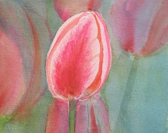 Pink tulip watercolor, single tulip painting pink, hot pink tulip flower watercolor original, bedroom art, tulip wall art modern painting.