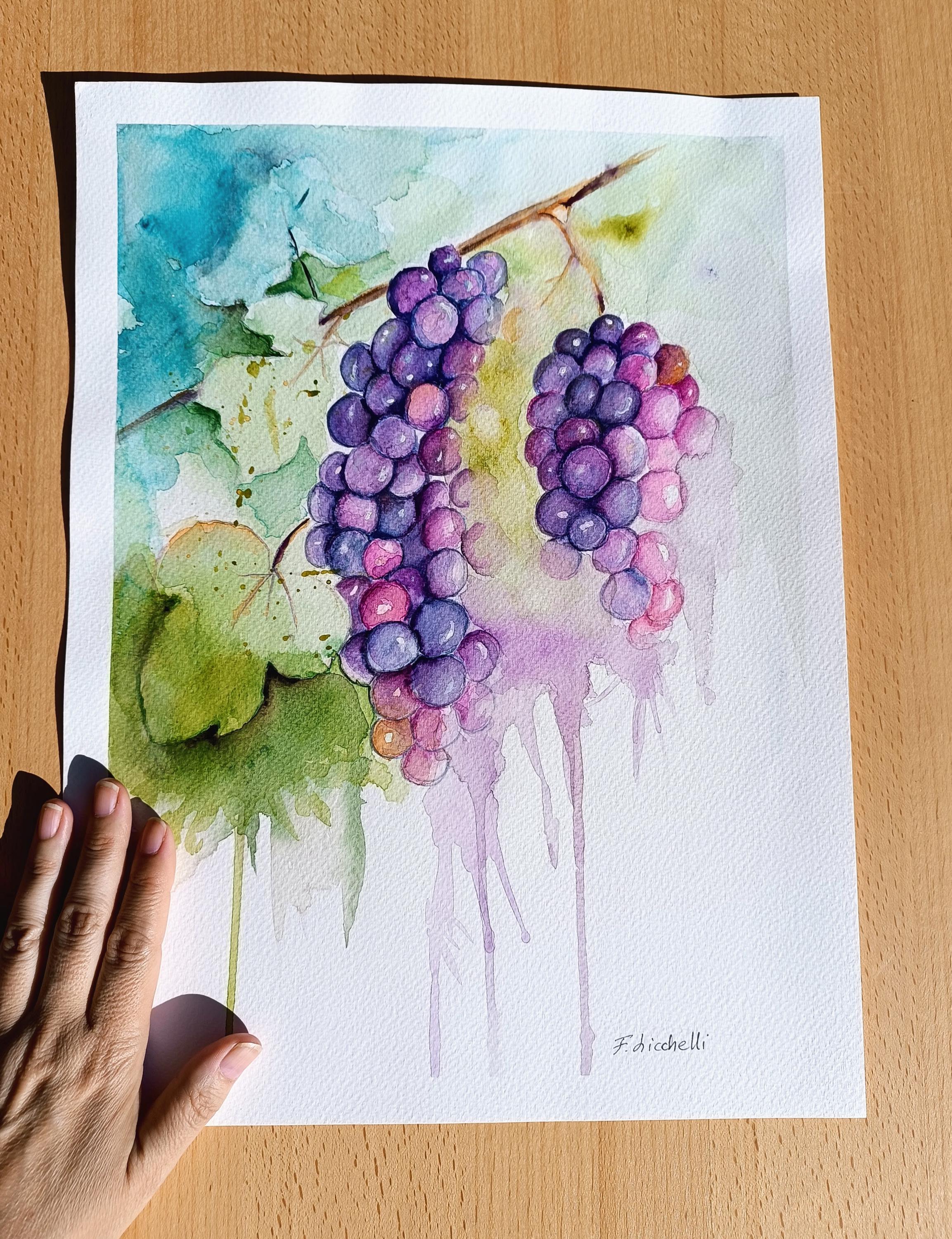 オリジナルのブドウの水彩画、12x16インチのボタニカルアート