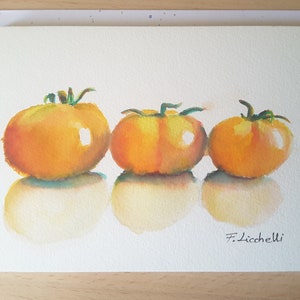 Pomodori giallo oro, dipinto originale ad acquerello su carta di cotone, natura morta dipinta a mano, arte murale per cucina, acquerello di pomodori.