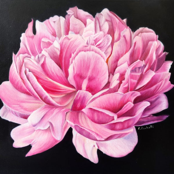 Peinture à l'huile pivoine pivoine unique toile art pivoine rose peinture grande pivoine fuchsia art mural floral huile sur toile art contemporain art de la chambre à coucher