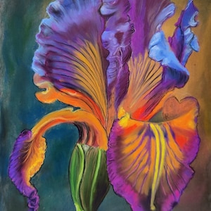 Original Iris Pastel Painting, 9x12 Vibrant Floral Art, Botanical Wall Decor, Signed Artwork on Premium Pastelmat Paper