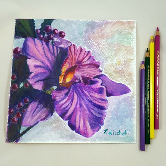 Orquídea flor púrpura dibujo original dibujo a lápiz de color - Etsy México