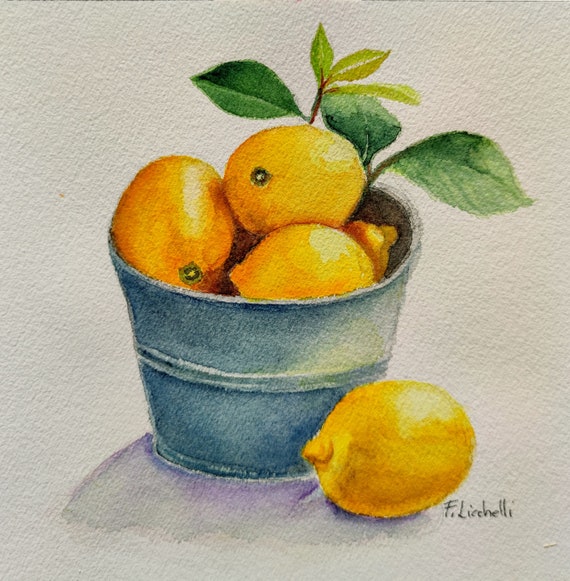 果物とバケツの水彩画 日曜画材研究 透明水彩「卓上の籐籠と果実」