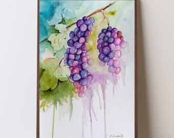 水彩画 ブドウの絵 木製フレーム付き 水彩画 ブドウの絵 木製フレーム付き 水彩画 ブドウの絵 木製