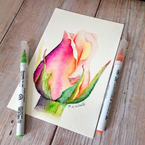 Rosebud watercolor original tiny painting, floral watercolor botanic style, pink orange rose Christmas gift, bedroom decoration peach pink. image 5