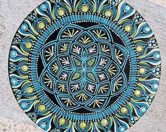 Teal dot mandala round hand painted mandala dot mandala original mandala sacred geometry mandala 20 cm wooden mandala wall art painting