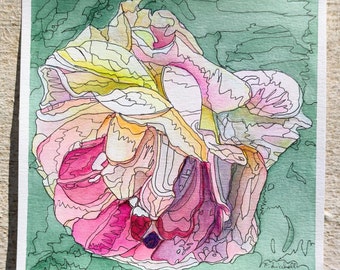 Aquarelle florale abstraite aquarelle rose art contemporain floral 20 x 20 cm petite oeuvre d'art abstraite art technique mixte rose et vert