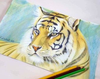 Tiger drawing original, soft pastel on velvet paper, wild animal painting, kids bedroom art, boys bedroom wall decor, ethnic style drawing.