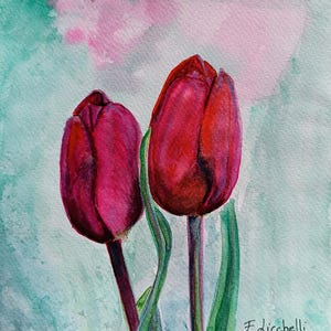 Original Red Tulip Painting, Small Watercolor Art Sale, 8x8 Floral Studio Archive, Botanical Wall Decor Gift