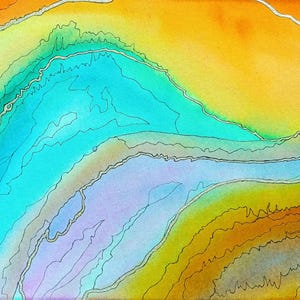Dipinto astratto con tecnica mista, stile paesaggio, in acqua, arancione e viola, moderno, arte murale, acquerello, inchiostro, originale, unico nel suo genere.