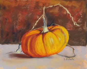 Pumpkin painting tiny drawing pumpkin soft pastels original drawing smal painting 18x24 cm 7x9 inch rustic fine art painting for kitchen.