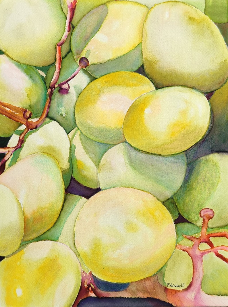 Aquarelle originale de raisins, peinture de raisins jaunes, peinture de raisins verts, oeuvre d'art murale pour la cuisine, peinture de fruits, aquarelle image 4