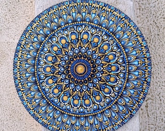 Punto mandala mandala dipinto a mano rotondo mandala blu e dorato punto mandala mandala originale mandala geometria sacra 30 mandala vita in dettaglio