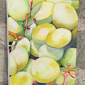 Aquarelle originale de raisins, peinture de raisins jaunes, peinture de raisins verts, oeuvre d'art murale pour la cuisine, peinture de fruits, aquarelle image 2