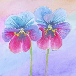 Due viole del pensiero in fiore Vibrante dipinto di fiori a guazzo, originale unico nel suo genere su carta per belle arti, dipinto di viole del pensiero, dipinto di viole del pensiero, dipinto a guazzo, arte