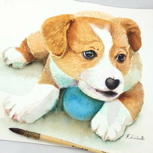Cagnolino cucciolo acquerello originale cane, idea regalo per battesimo o nascita, cameretta bambini, quadro per bambini, dipinto cane.