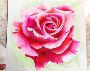 Acquerello rosa singola pittura originale acquerello floreale piccolo acquerello quadrato 20x20 cm pittura rosa rossa camera da letto arte della parete rosa fine art