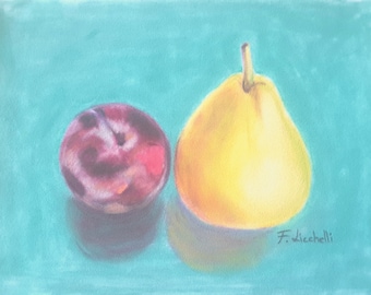 Tiny still life pastel painting, soft pastels on velvet paper, plum and pear original painting, kitchen decoration farmhouse, fruit wall art