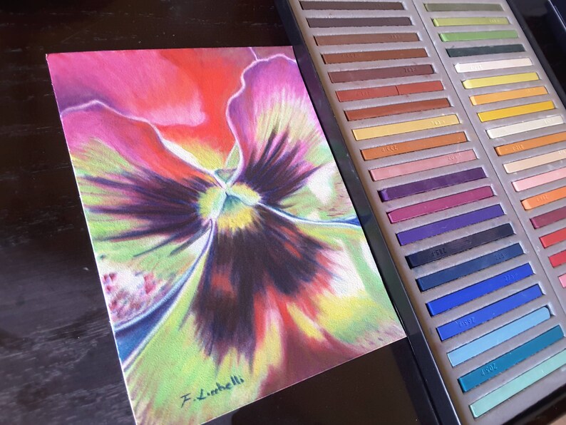 Pansy pastel drawing original painting soft pastels on velvet paper floral artwork macro pansy purple and red bedroom drawing pansy art.