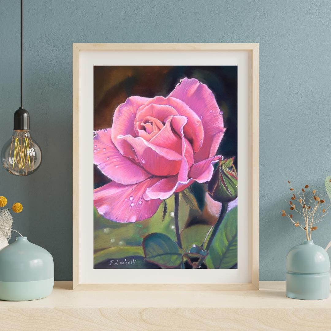 Pink Rose Original Pastel Painting Floral Wall Art Romantic